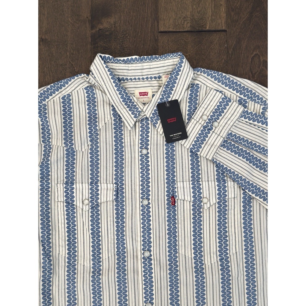 NWT Levis Western Standard Fit Long Sleeve Pearl Snap Shirt Wave Print Size L